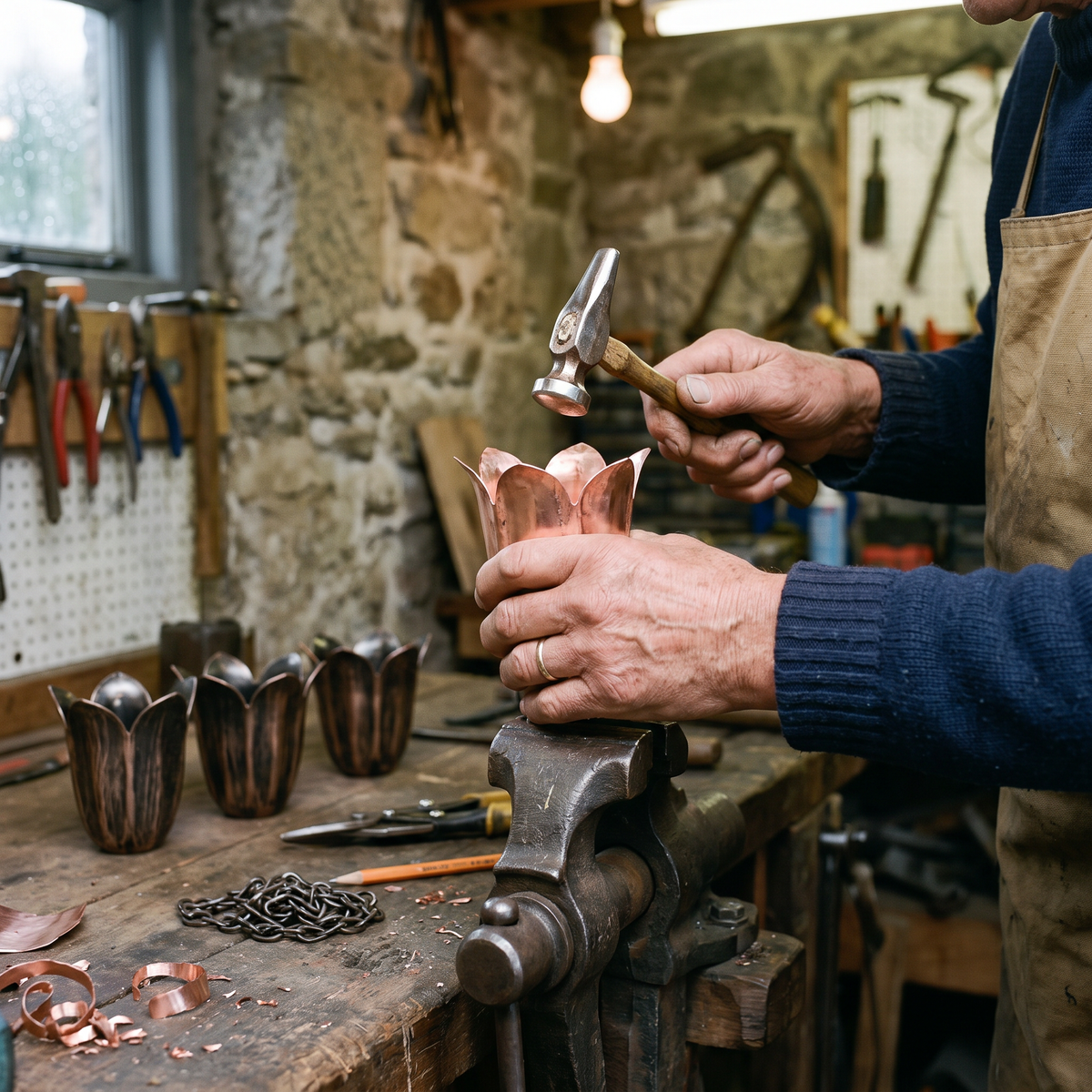 Aldous shaping a copper tulip cup by hand