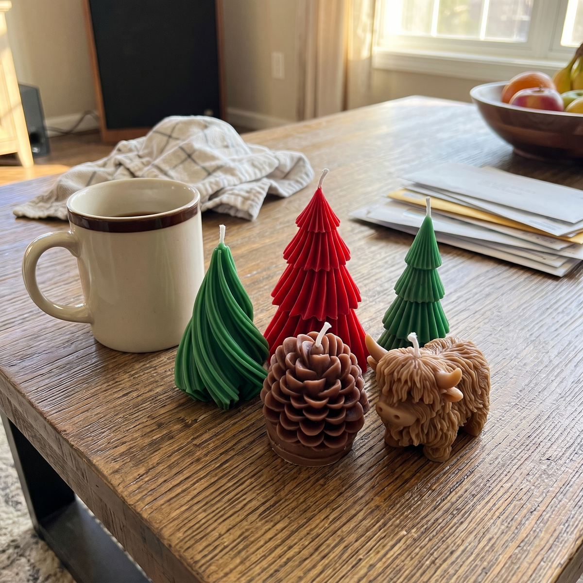 All five Christmas farm candle shapes together