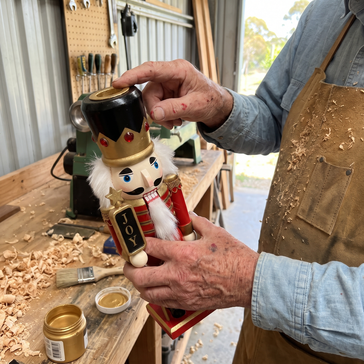 Gerhard checking the gold-rimmed candle socket of a painted nutcracker at his workbench