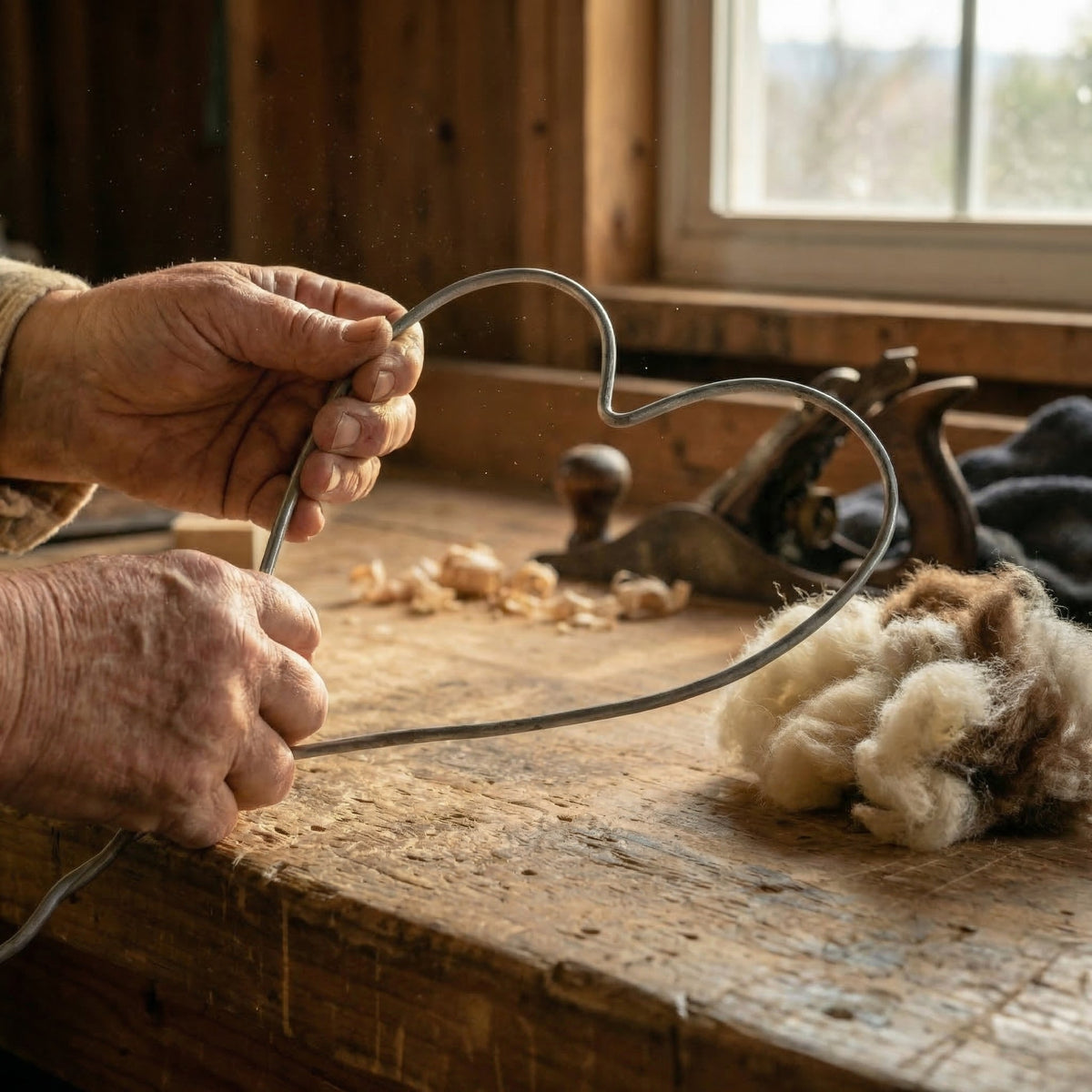 Jim's hands filling a nesting heart with alpaca wool