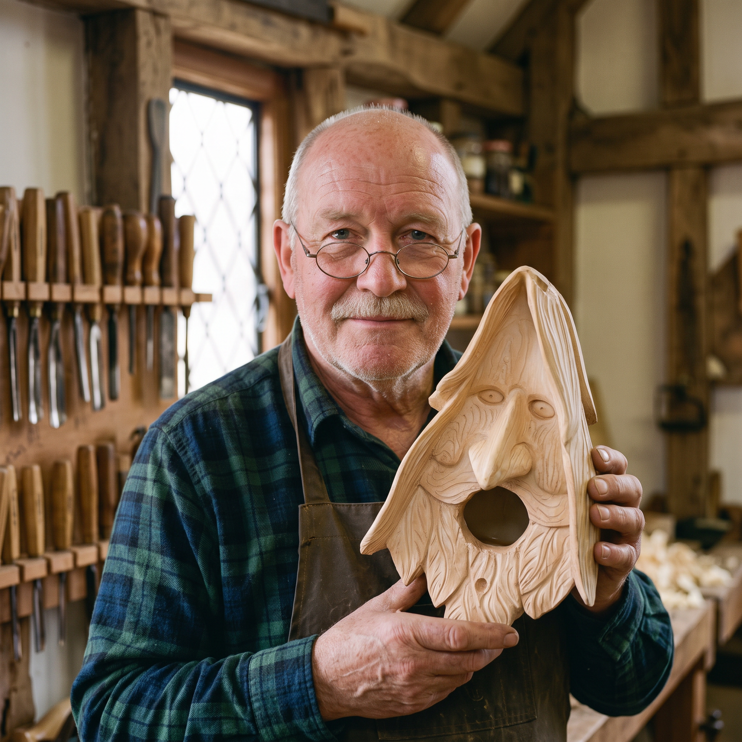 Edwin Thorne holding one of his hand-carved wood-spirit birdhouses in his workshop
