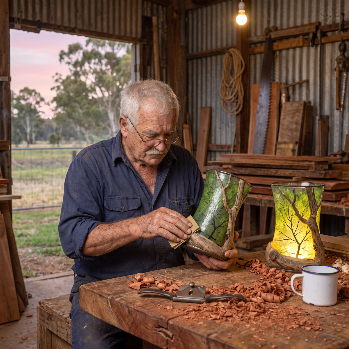Merv sanding a lantern base by hand