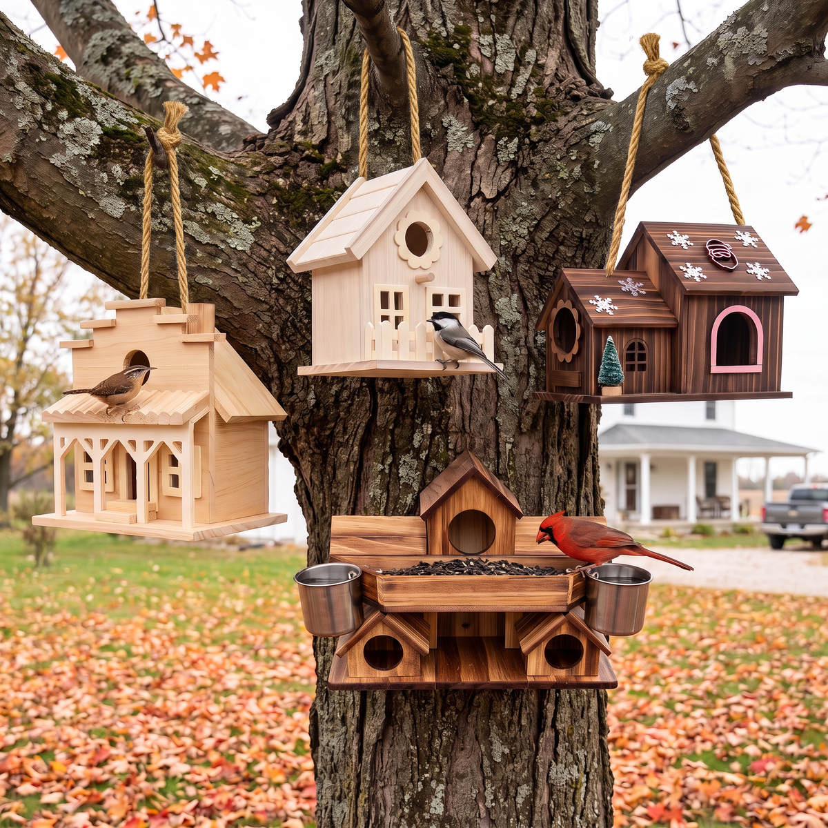 All four of Orval's Main Street birdhouses in an autumn maple, three hanging on jute cord, the Supper Table on the trunk