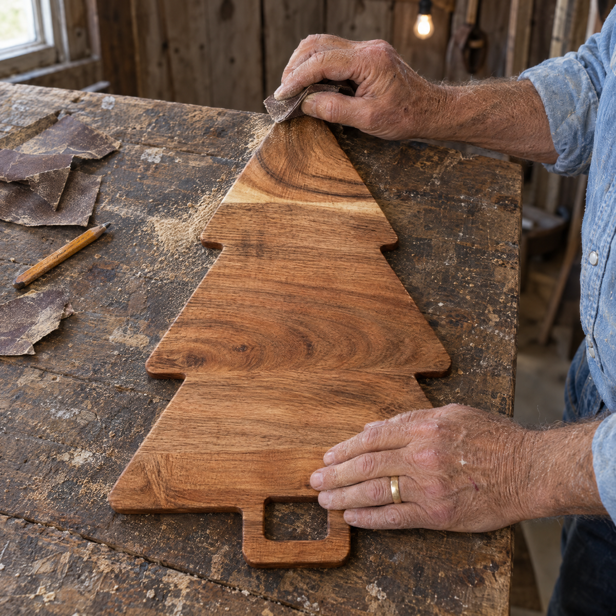 Arlis hand-sanding the tip of the tree board