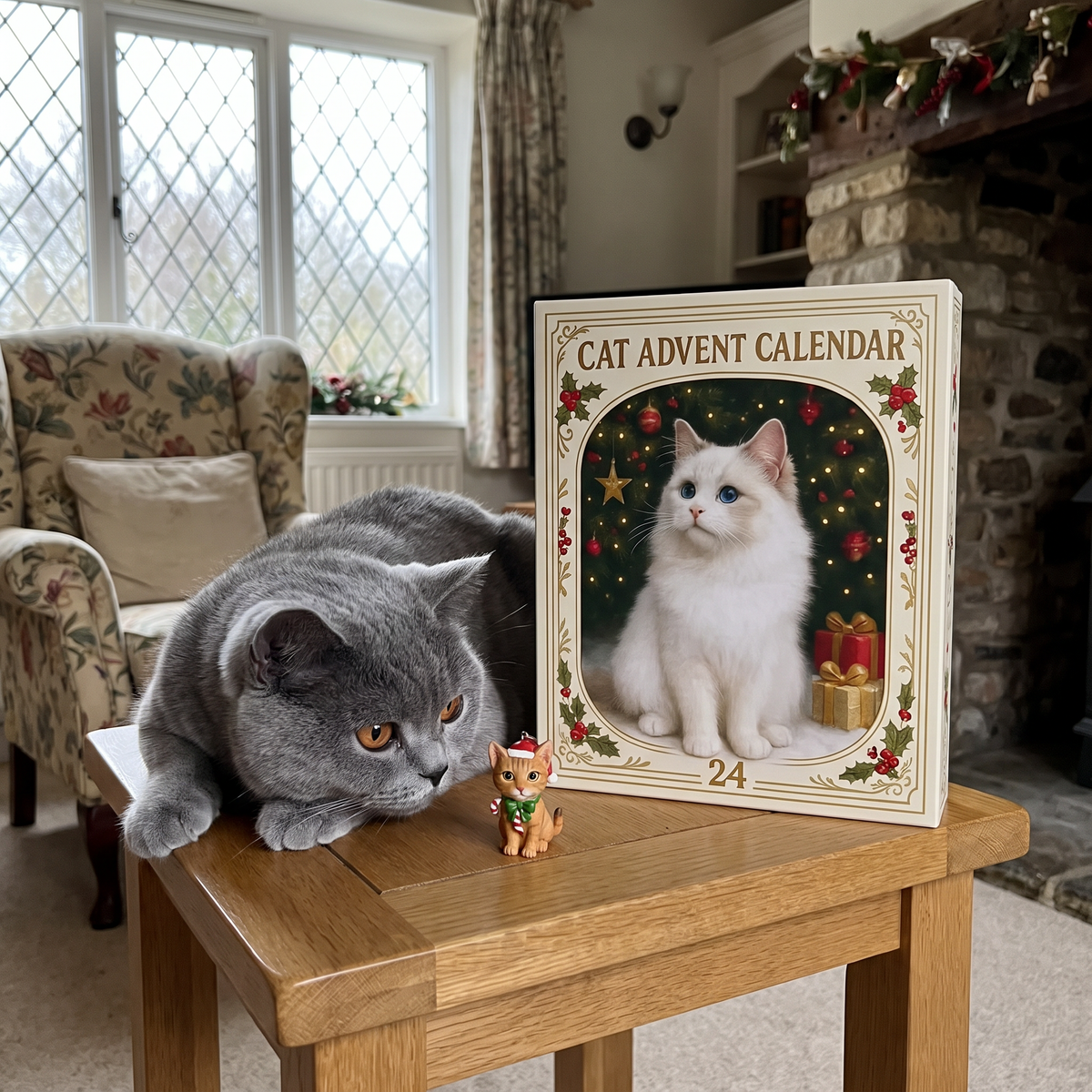 A house cat inspecting the first figurine next to Rowena's Cat Advent Calendar