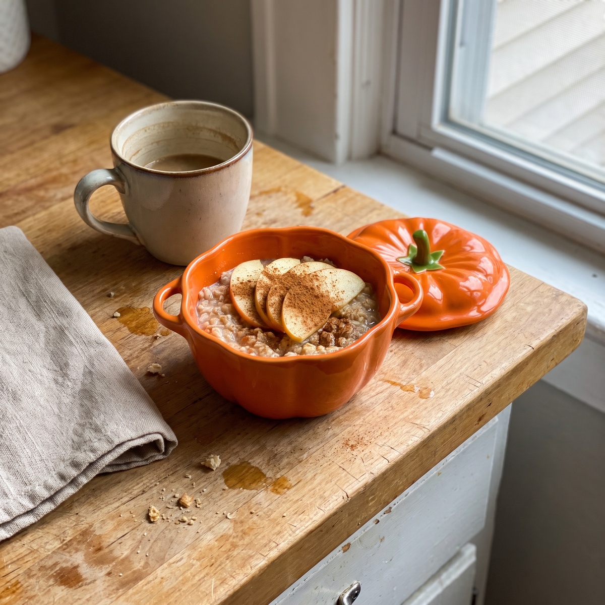 Pumpkin bowl with oatmeal and apple slices for breakfast
