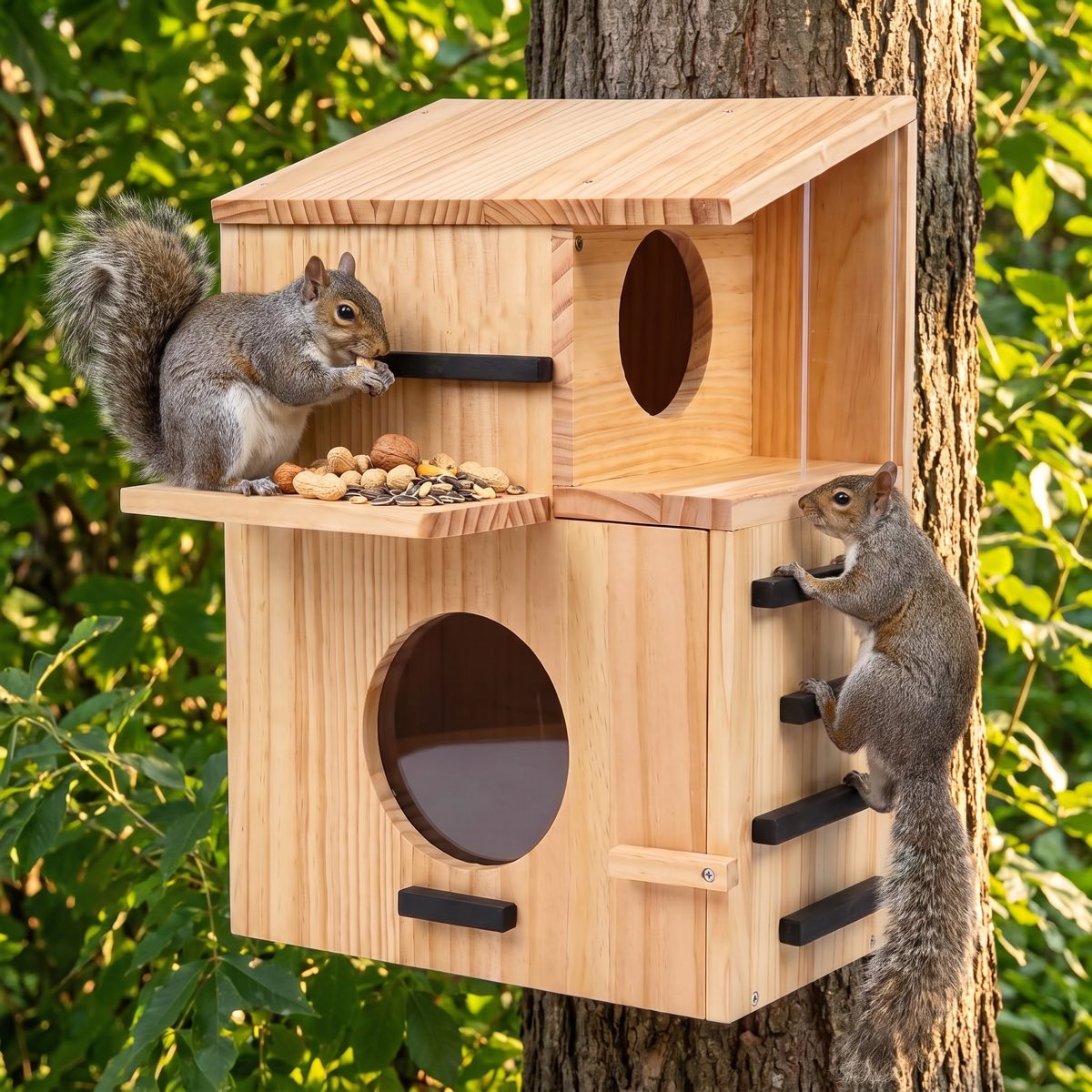 Two gray squirrels on the porch and the ladder