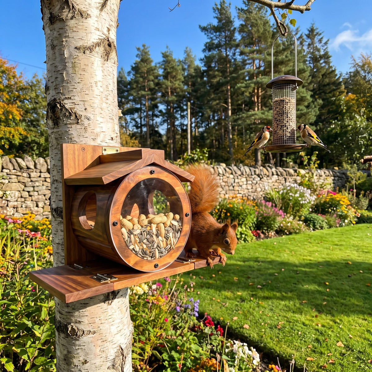 Barrel feeder on a birch with the bird feeder a few metres away