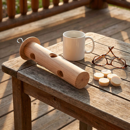 The cedar log next to a coffee mug for size