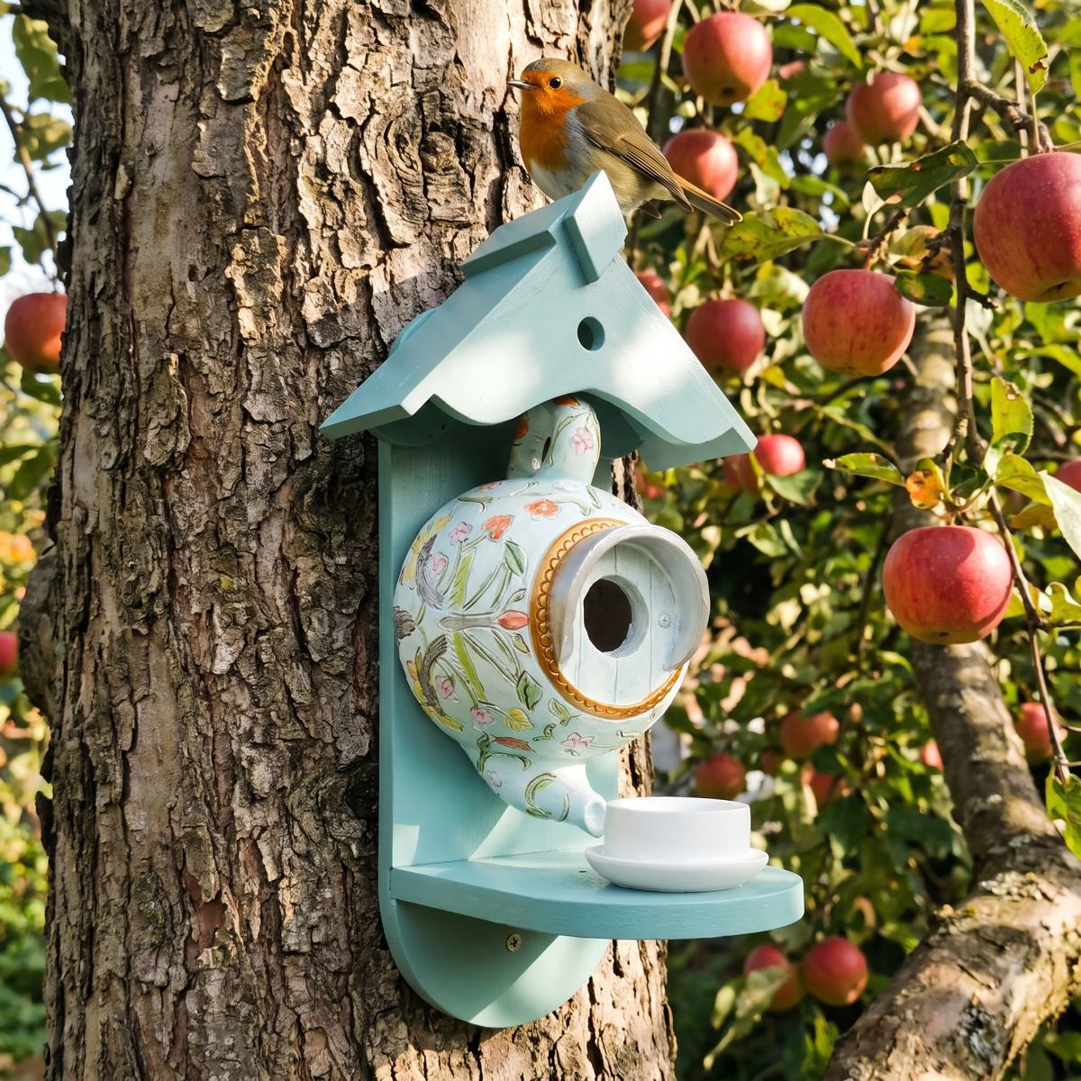 Teapot nest box on an apple tree
