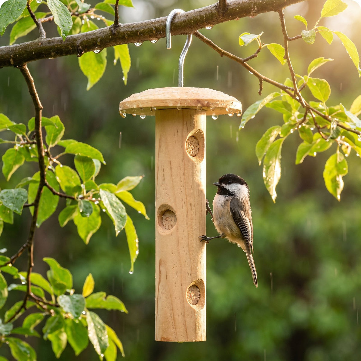 Rain runs off the lid, the suet stays dry