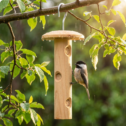 Rain runs off the lid, the suet stays dry