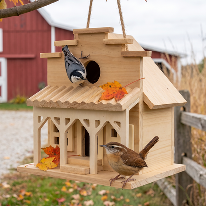 The Feed Store birdhouse hanging in a maple with a Carolina wren and a nuthatch