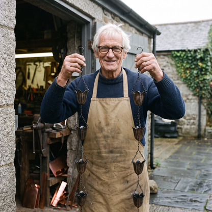 Aldous holding two finished copper rain chains
