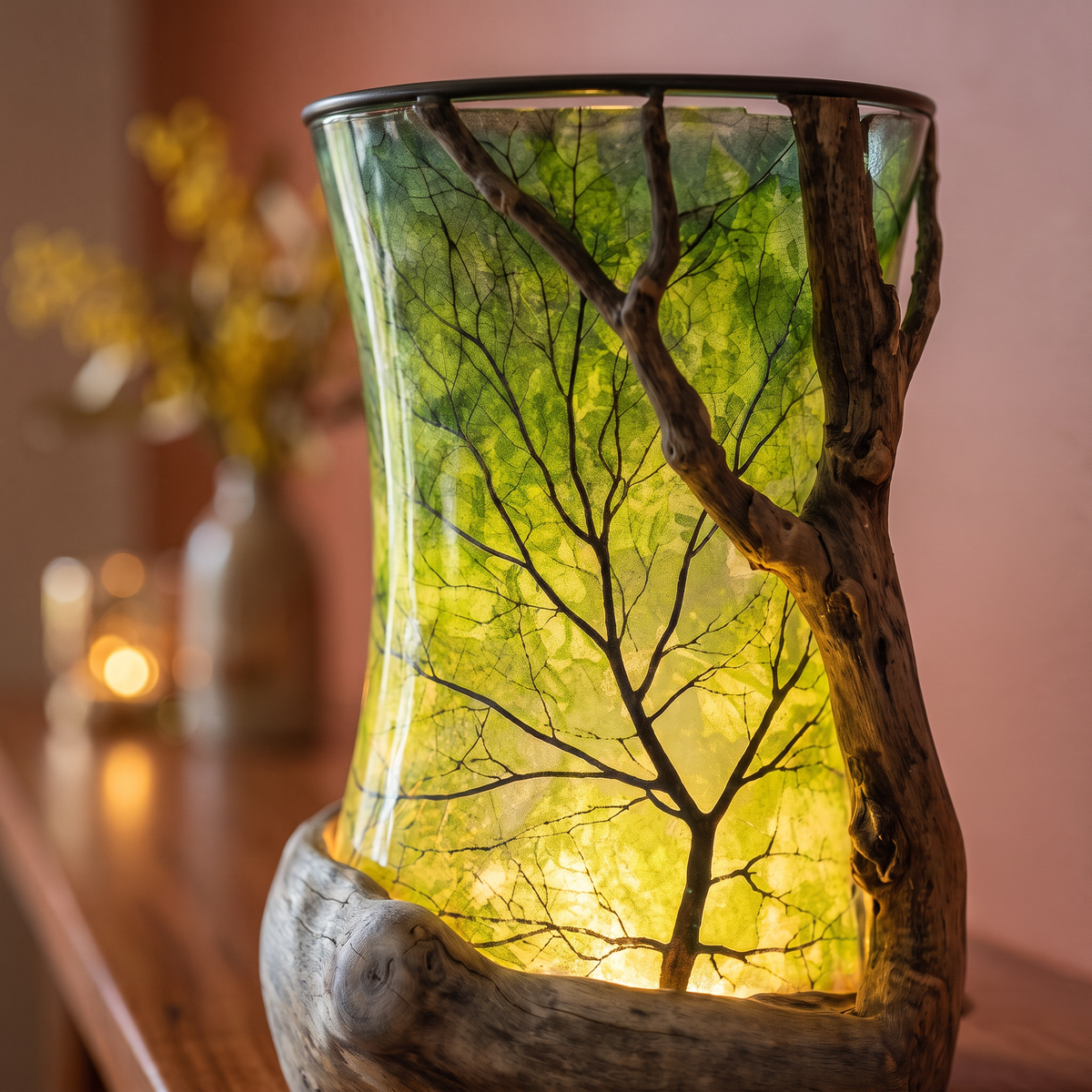 Close-up of the leaf glass and tree silhouette