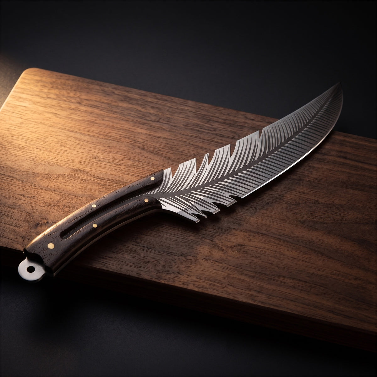 Dark wood handle with brass pins and hanging hole