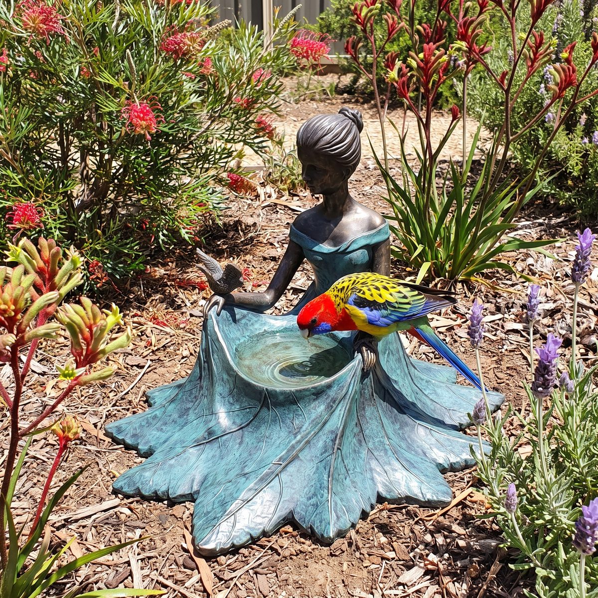 Bronze bird bath among native plants with a rosella drinking