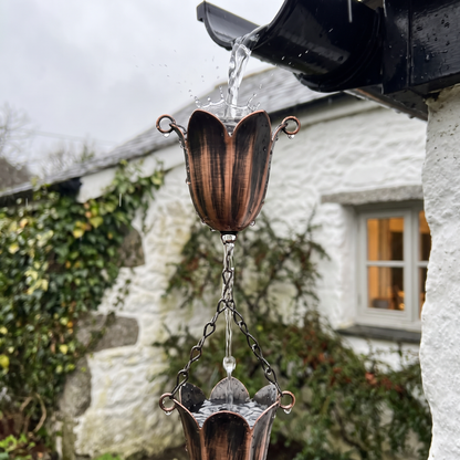 Close-up of the copper tulip cups with twin side chains