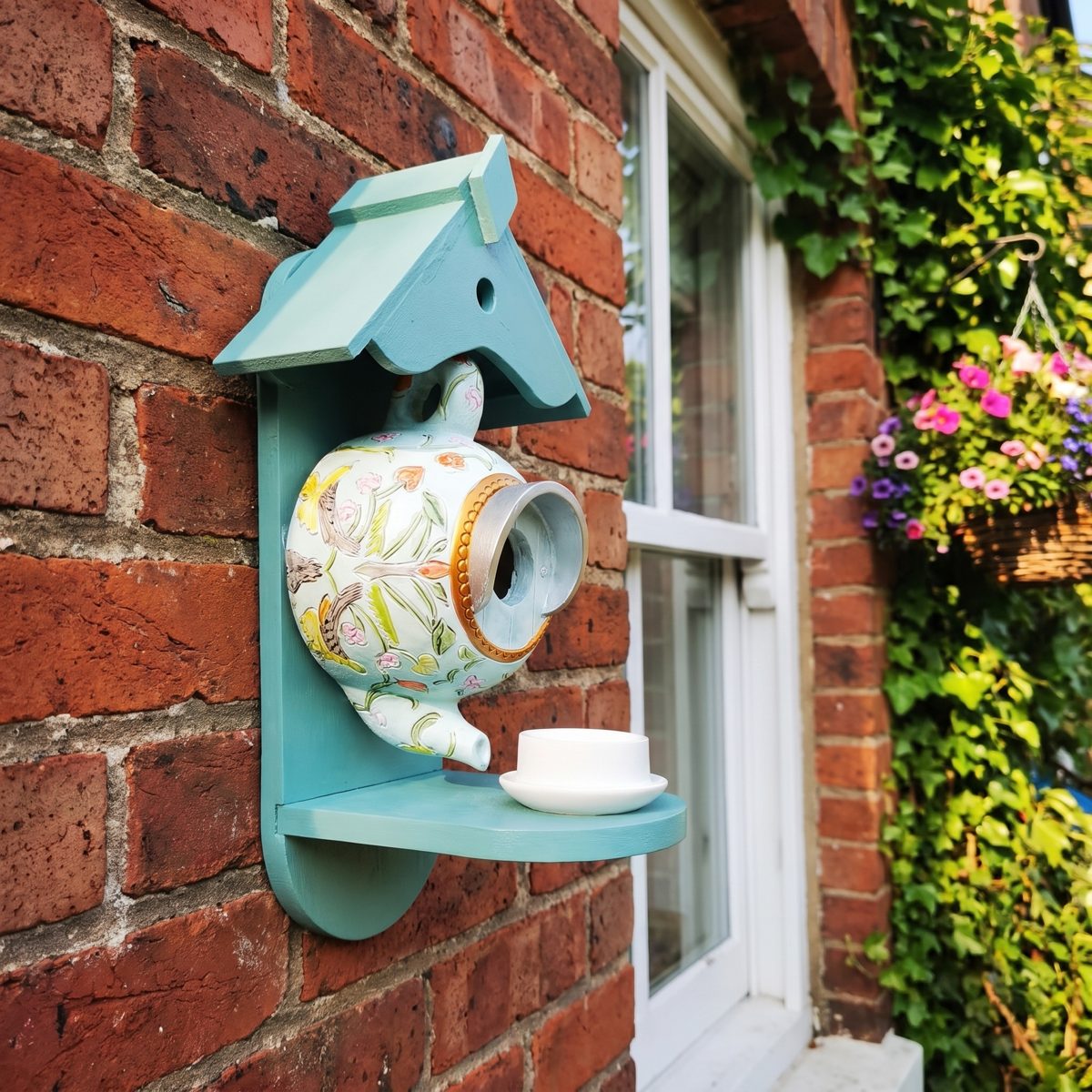 Teapot nest box on a red-brick wall