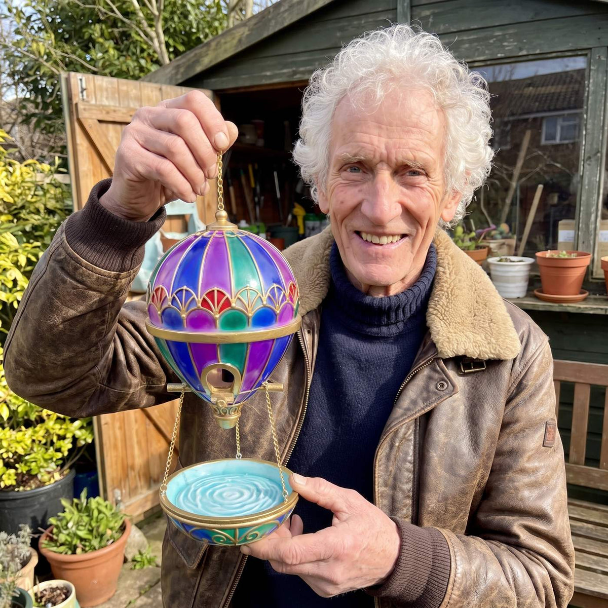 Ray Penhallow holding one of his balloon bird feeders
