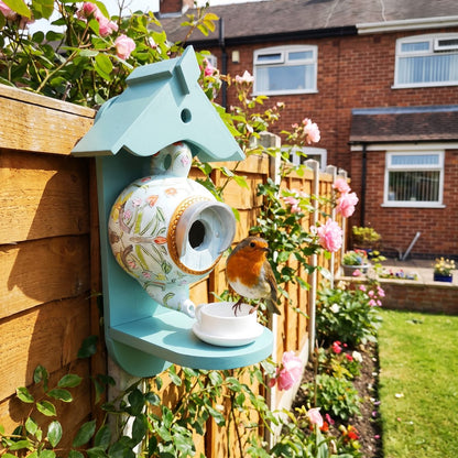 Susan's teapot nest box on a garden fence with a robin