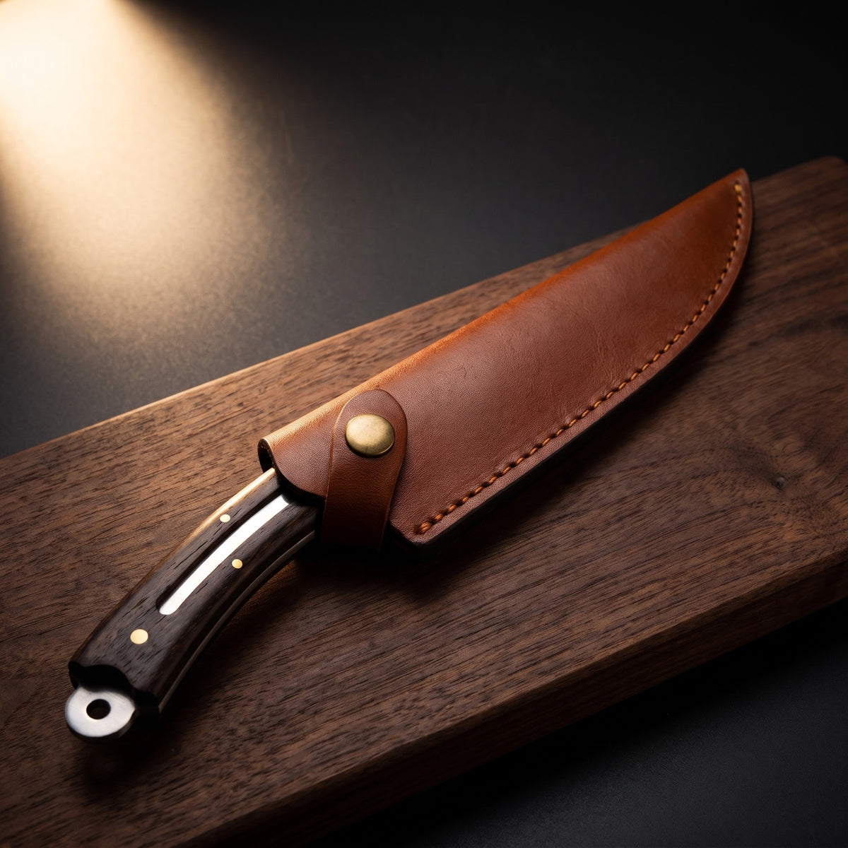 Knife in its stitched leather sheath