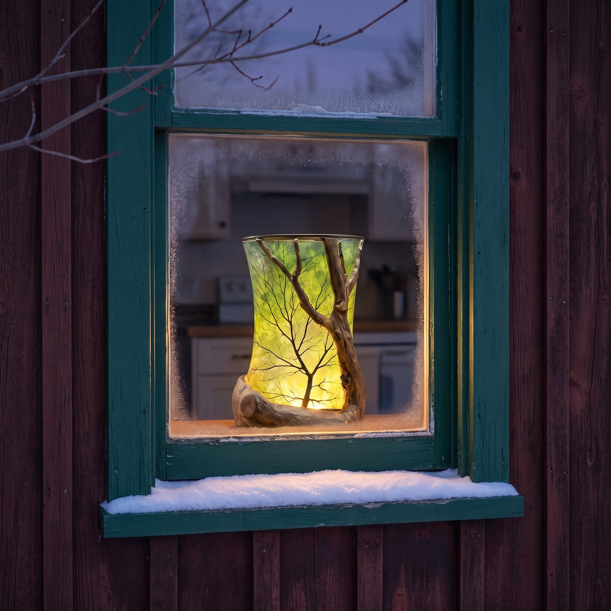 The maple lantern glowing on a windowsill at dusk