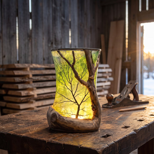 Garnet's Maple Lantern lit on a timber bench