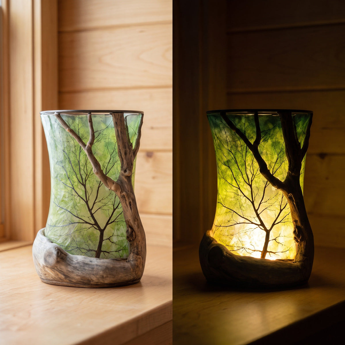 The same lantern by daylight and lit at night