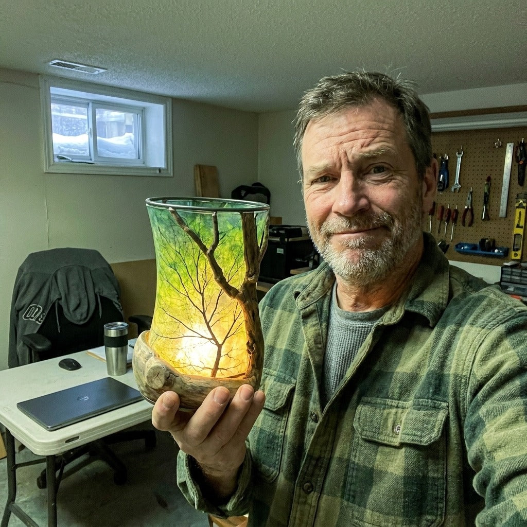 Customer photo of the hand-made driftwood tree lantern