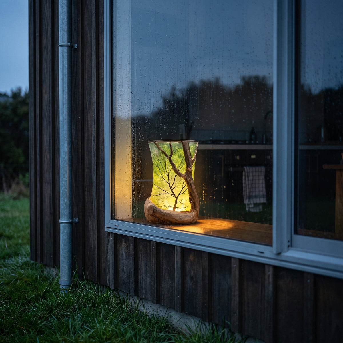 The totara lantern glowing on a windowsill at dusk