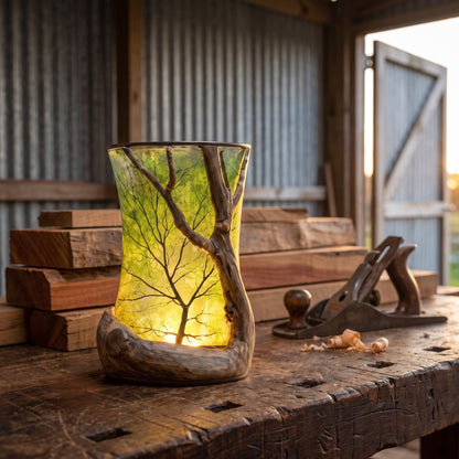 Selwyn's Totara Lantern lit on a timber bench