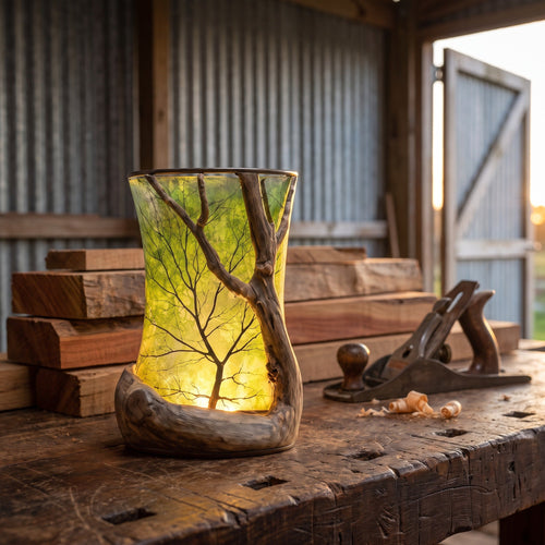 Selwyn's Totara Lantern lit on a timber bench