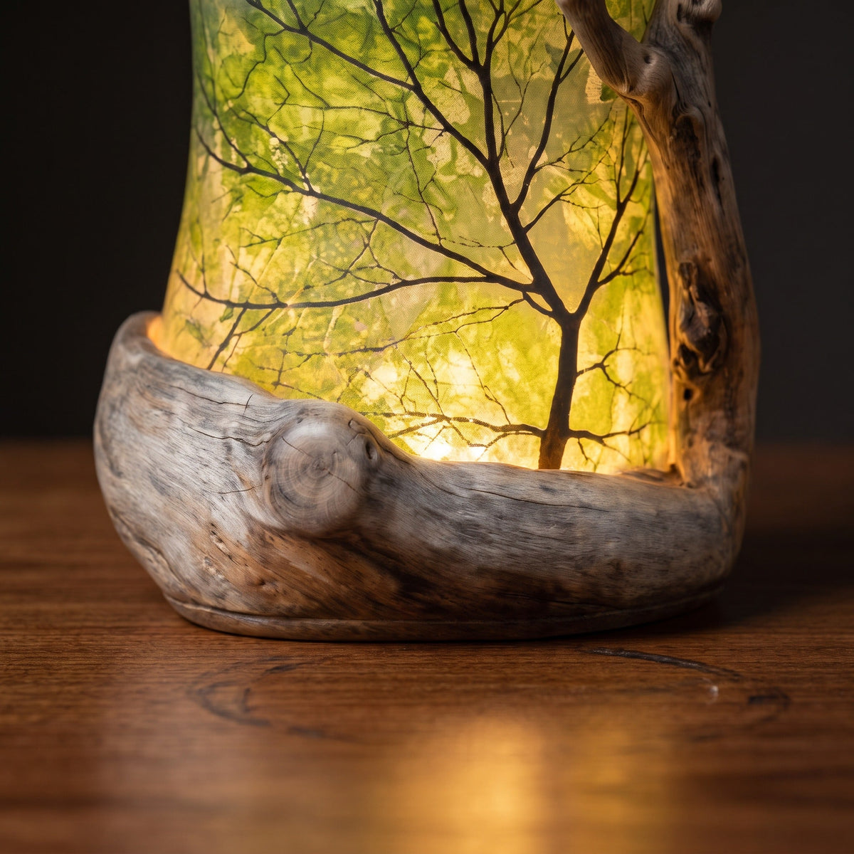 Close-up of the hand-cut driftwood base