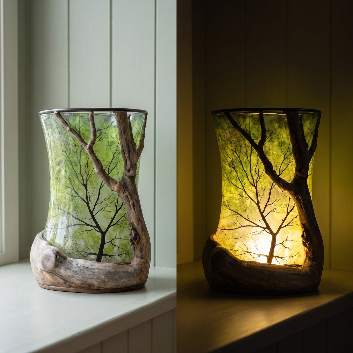The same lantern by daylight and lit at night