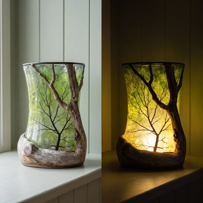 The same lantern by daylight and lit at night