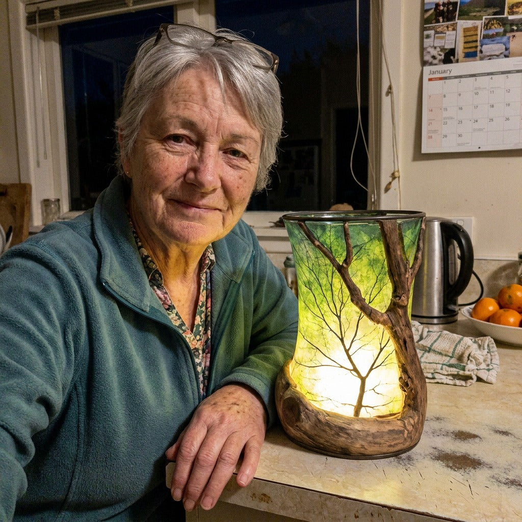 Customer photo of the hand-made driftwood tree lantern