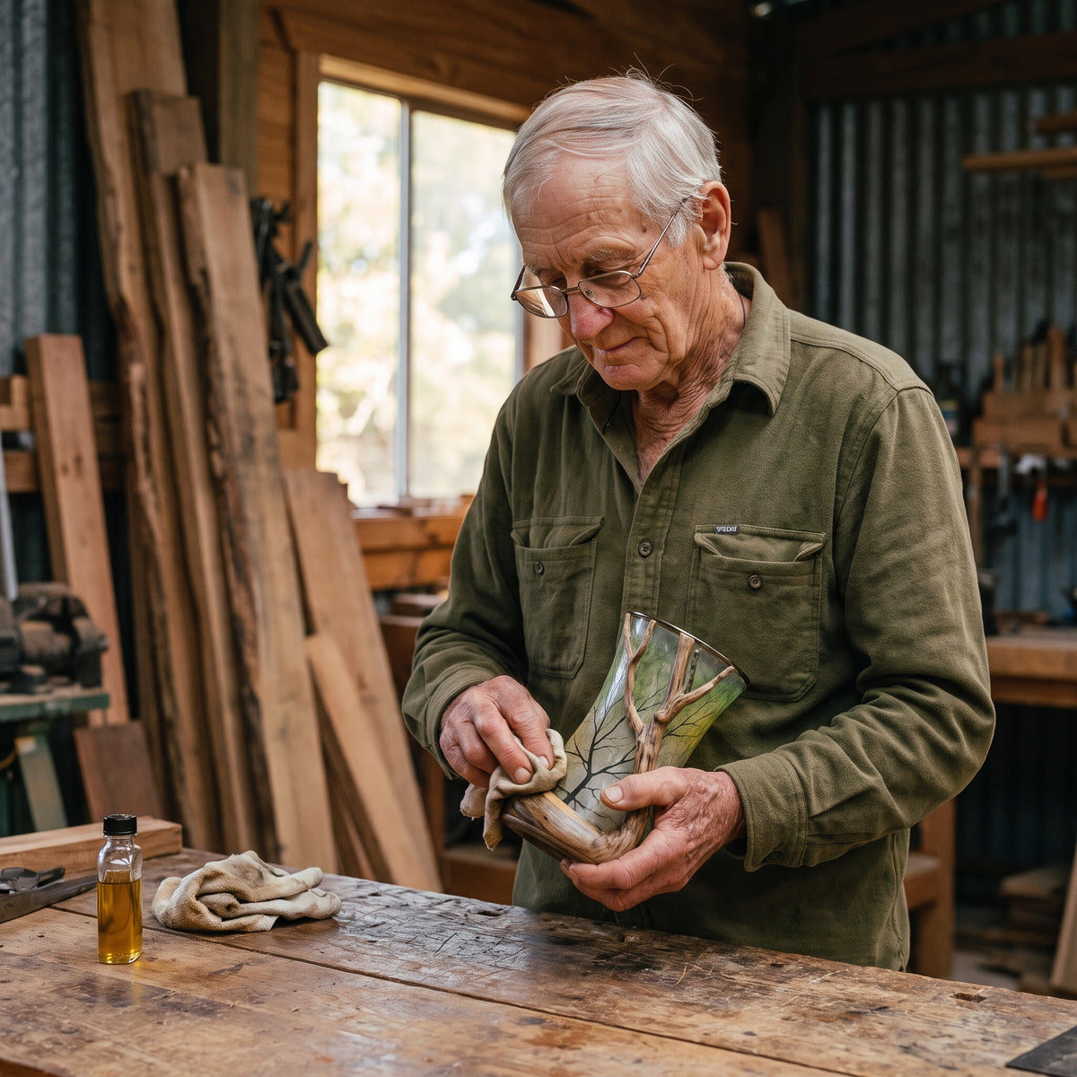 Selwyn rubbing oil into a finished totara base