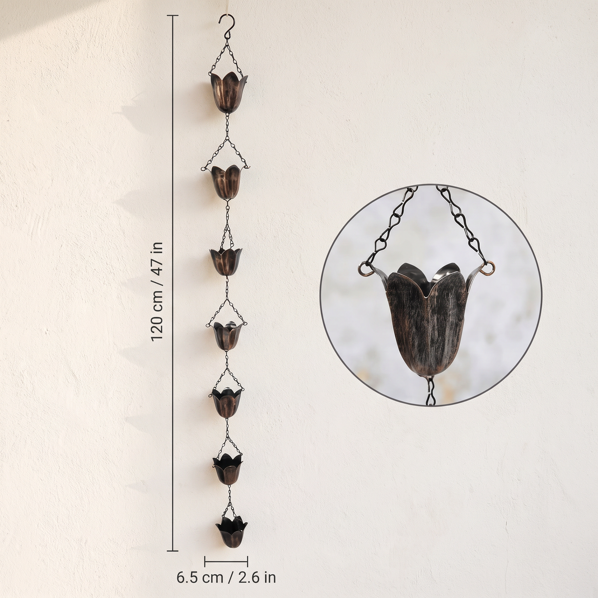 Rain chain dimensions: 120 cm long, 7 cups, 6.5 cm across