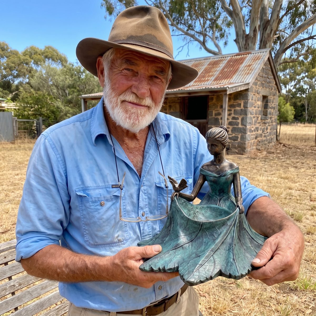 Wal Haddon holding one of his bronze bird baths
