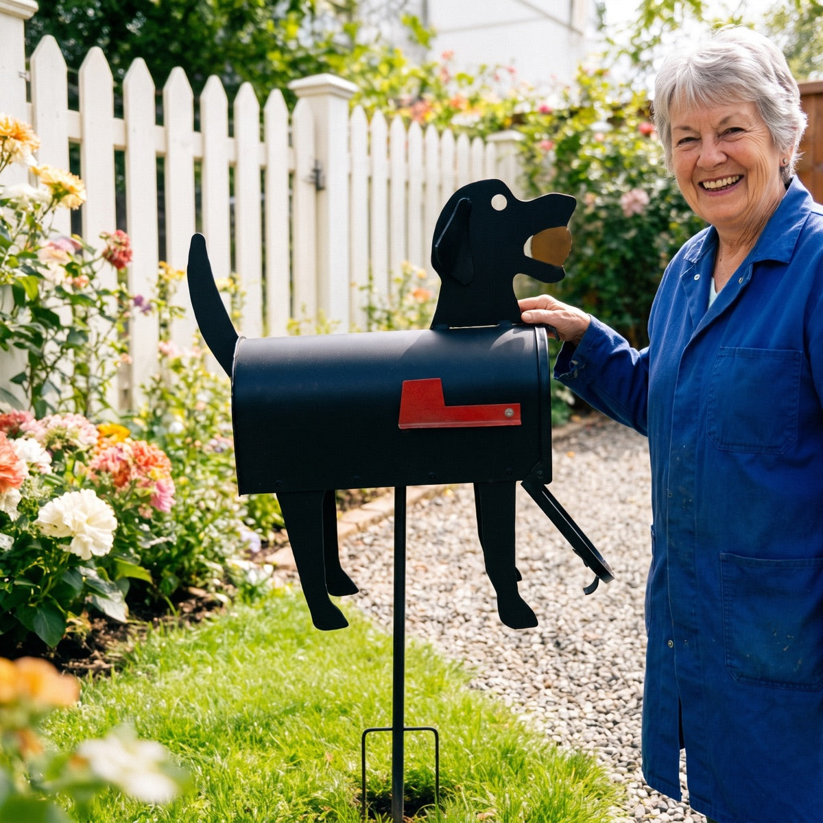 Happy customer beside a dog mailbox