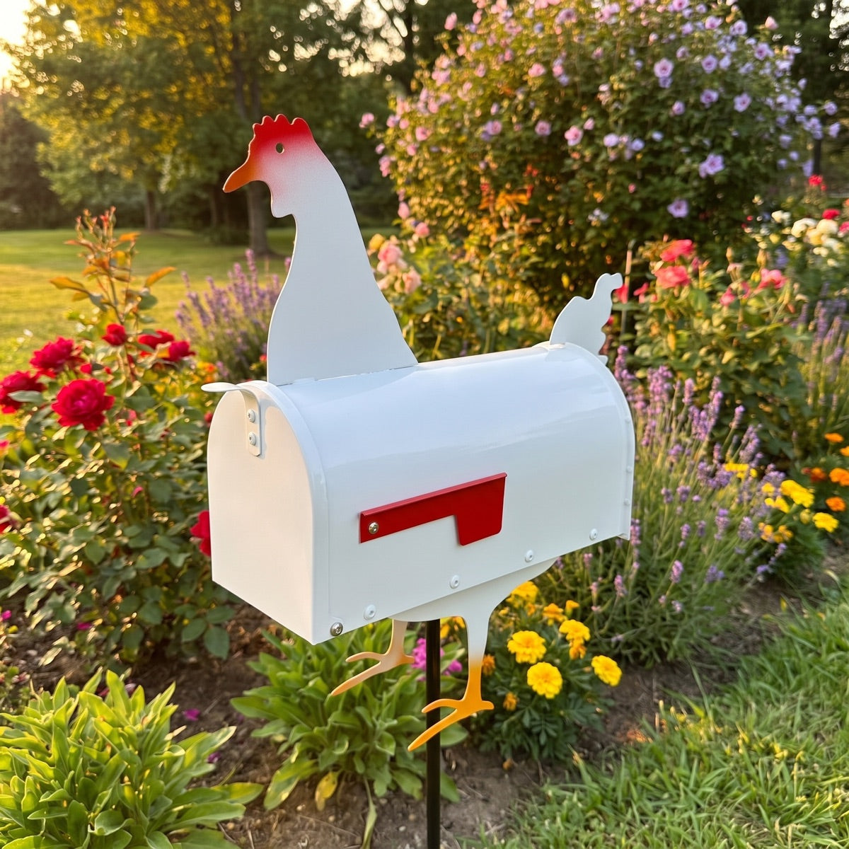 Rooster mailbox in a flower garden