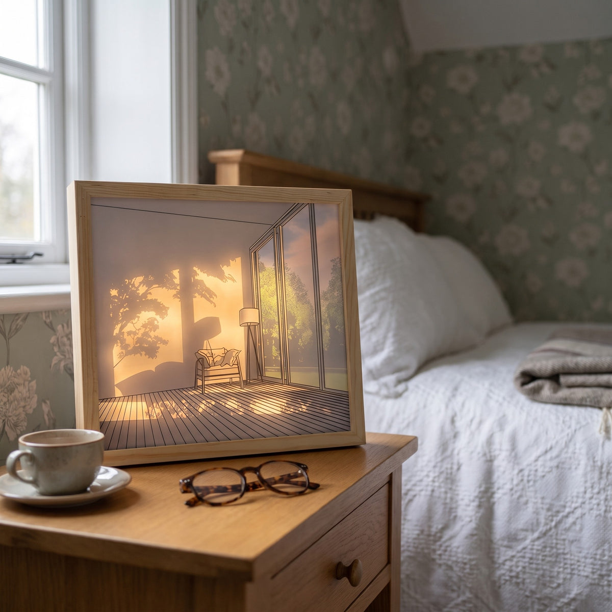 Ambrose's Light Painting, Reading Corner, glowing on a bedside table