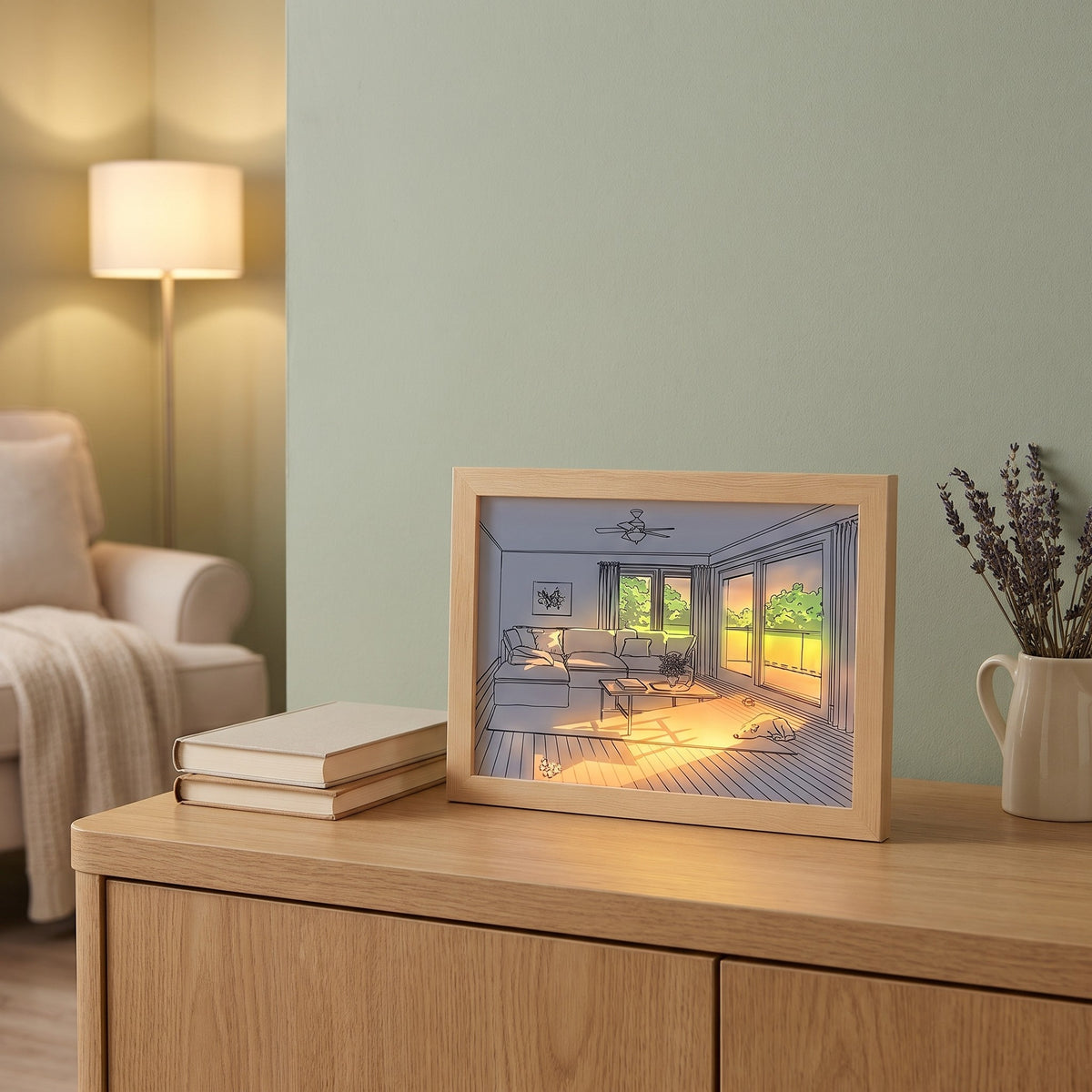 Ambrose's Light Painting, Living Room with Dog, on a sideboard in the evening