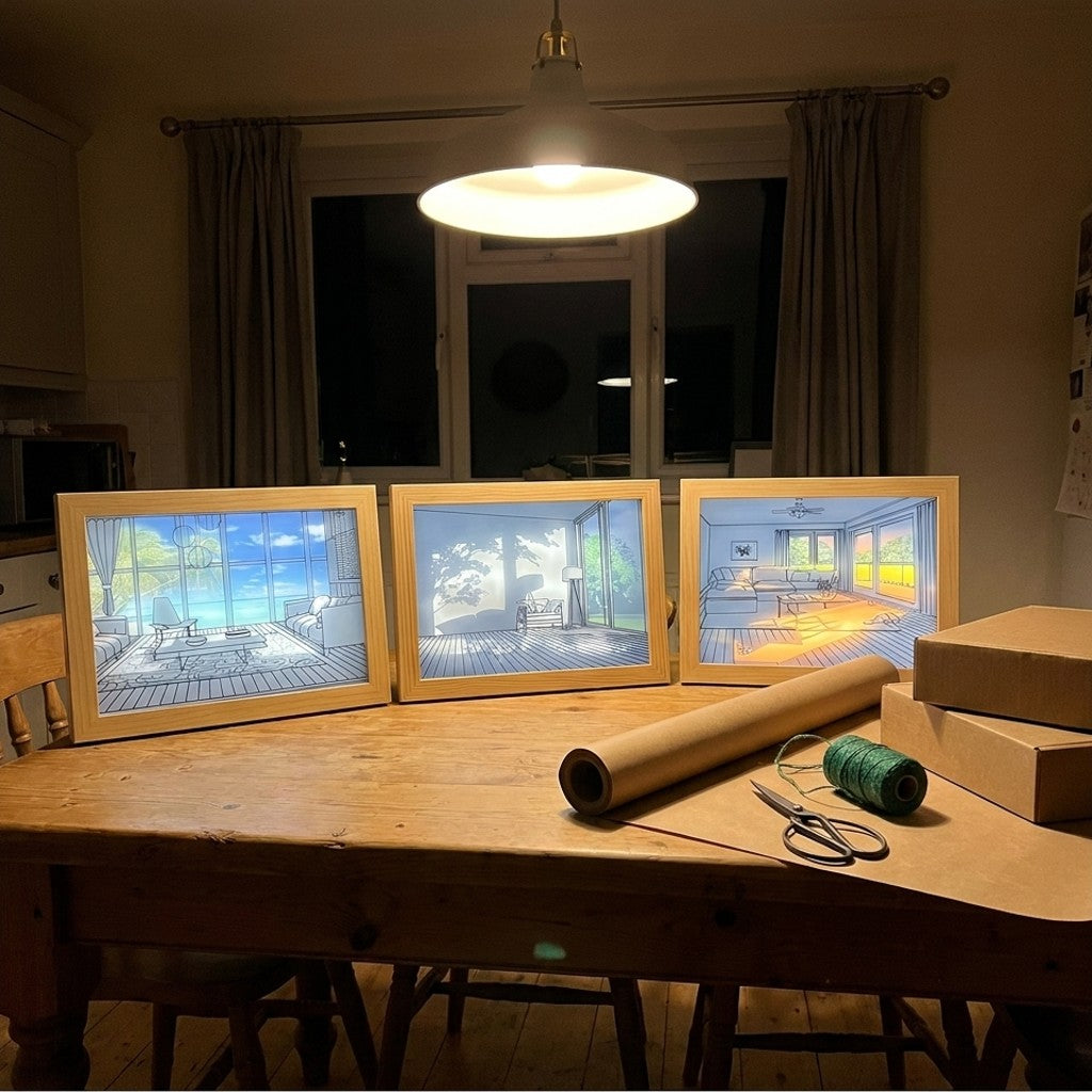 Customer photo: three light paintings ready to be wrapped as presents