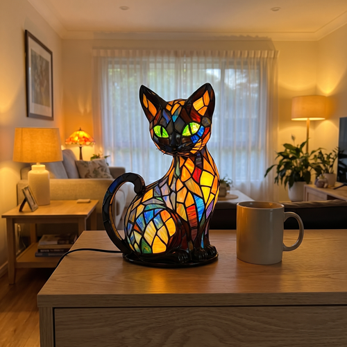 Lorna's Moggy Lamp glowing on a sideboard