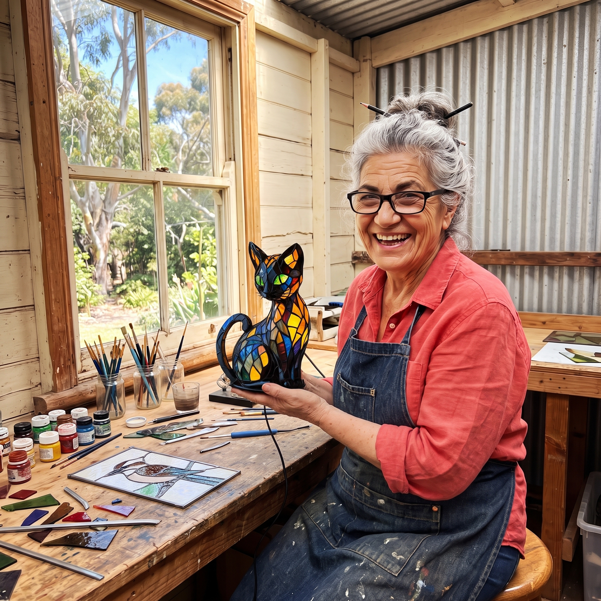 Lorna Whitfield with a Moggy Lamp in her workshop