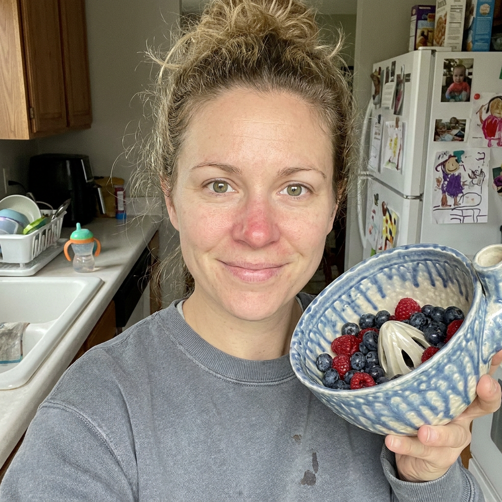 Customer photo: Shayna P. holding the Berry Washing Bowl in her kitchen