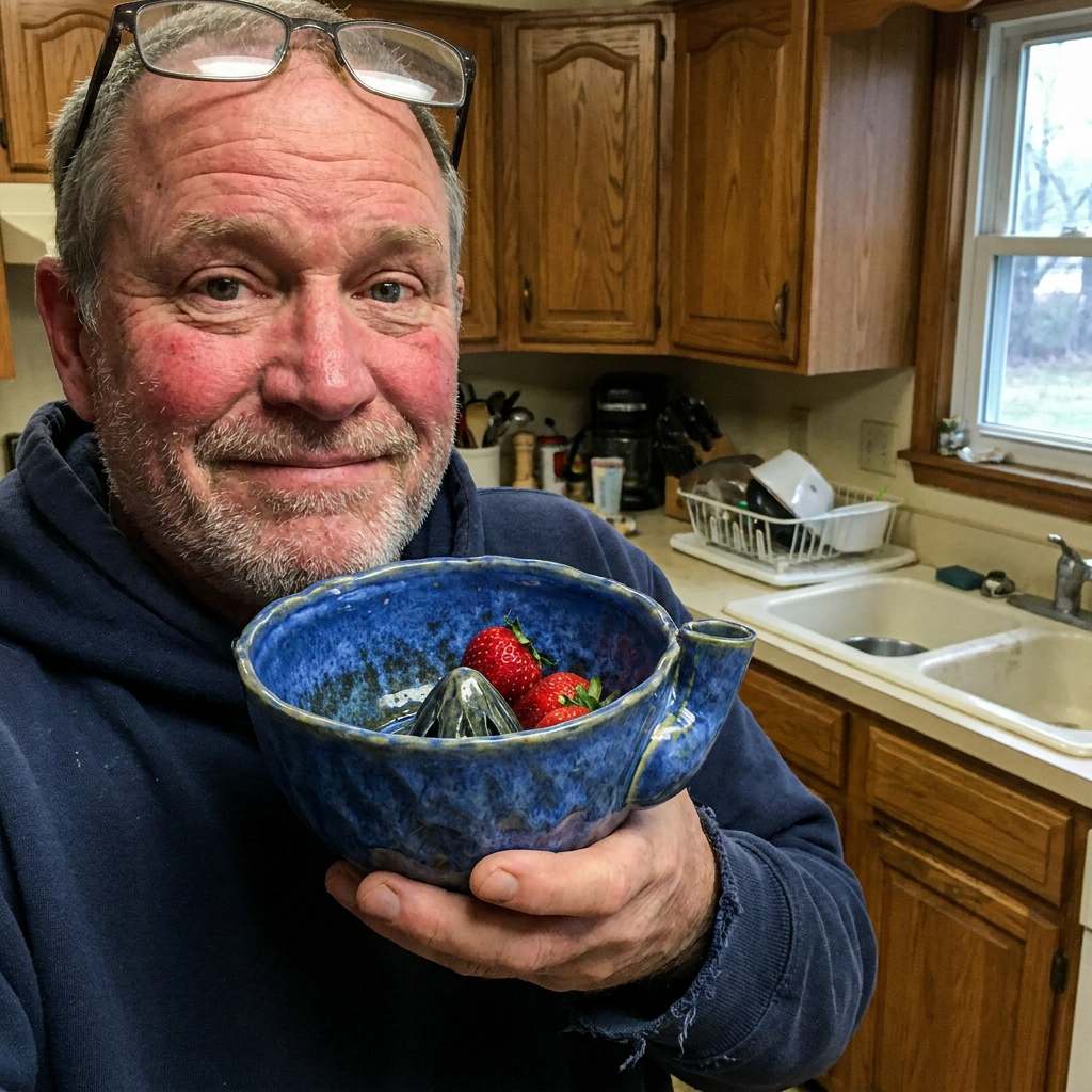 Customer holding the Deep Cobalt berry bowl with strawberries