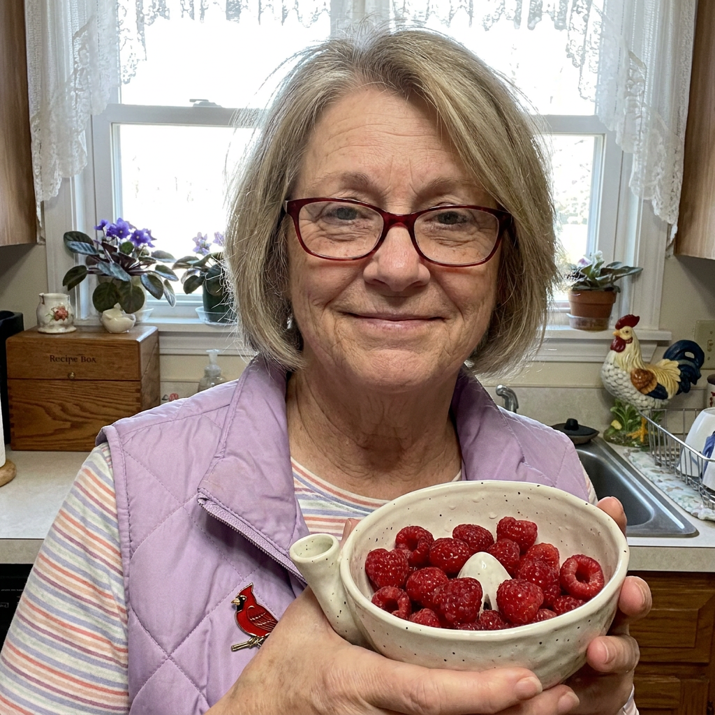 Customer holding the Dune Cream berry bowl with raspberries